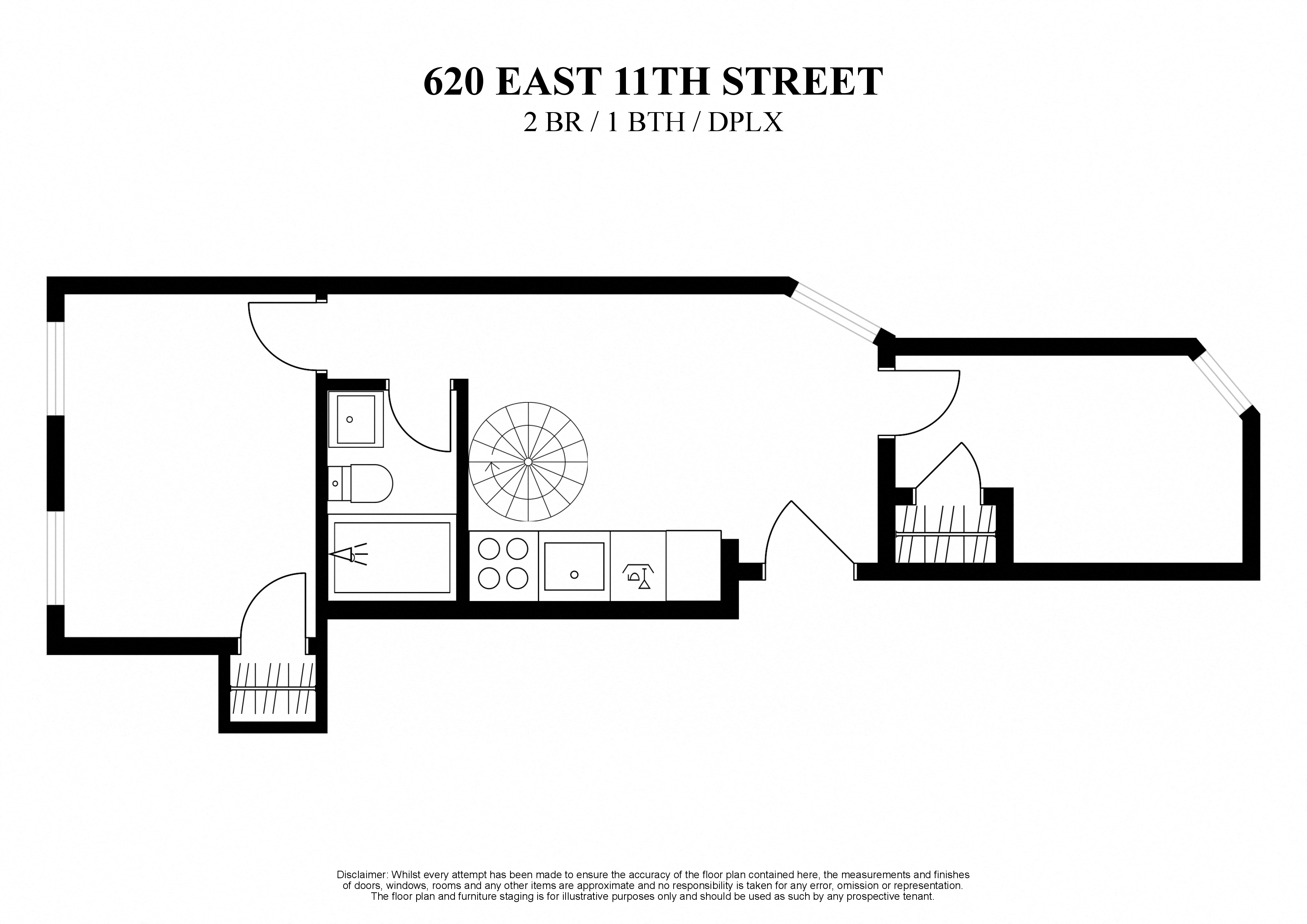floor plan for 2 bedroom one bathroom duplex at 620 East 11th Street New York
